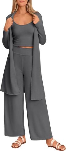 PRETTYGARDEN Women's Fall 3 Piece Pajamas Lounge Sets Ribbed Knit Long Cardigan Cropped Tank Tops Wide Leg Pants in Saudi Arabia