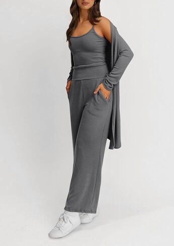 PRETTYGARDEN Women's Fall 3 Piece Pajamas Lounge Sets Ribbed Knit Long Cardigan Cropped Tank Tops Wide Leg Pants in Saudi Arabia