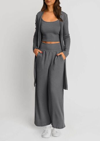 PRETTYGARDEN Women's Fall 3 Piece Pajamas Lounge Sets Ribbed Knit Long Cardigan Cropped Tank Tops Wide Leg Pants in Saudi Arabia