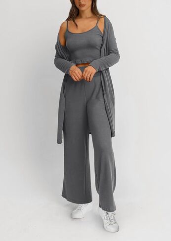 PRETTYGARDEN Women's Fall 3 Piece Pajamas Lounge Sets Ribbed Knit Long Cardigan Cropped Tank Tops Wide Leg Pants in Saudi Arabia