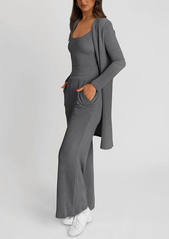 PRETTYGARDEN Women's Fall 3 Piece Pajamas Lounge Sets Ribbed Knit Long Cardigan Cropped Tank Tops Wide Leg Pants in Saudi Arabia