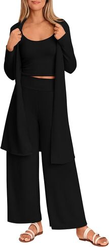 PRETTYGARDEN Women's Fall 3 Piece Pajamas Lounge Sets Ribbed Knit Long Cardigan Cropped Tank Tops Wide Leg Pants in Saudi Arabia
