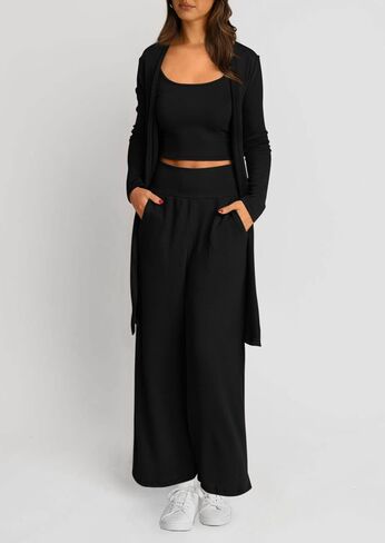 PRETTYGARDEN Women's Fall 3 Piece Pajamas Lounge Sets Ribbed Knit Long Cardigan Cropped Tank Tops Wide Leg Pants in Saudi Arabia