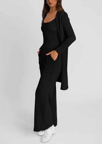 PRETTYGARDEN Women's Fall 3 Piece Pajamas Lounge Sets Ribbed Knit Long Cardigan Cropped Tank Tops Wide Leg Pants in Saudi Arabia
