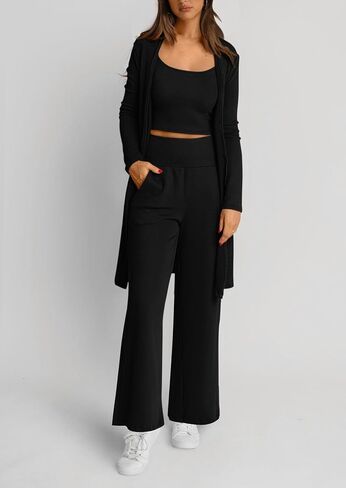 PRETTYGARDEN Women's Fall 3 Piece Pajamas Lounge Sets Ribbed Knit Long Cardigan Cropped Tank Tops Wide Leg Pants in Saudi Arabia