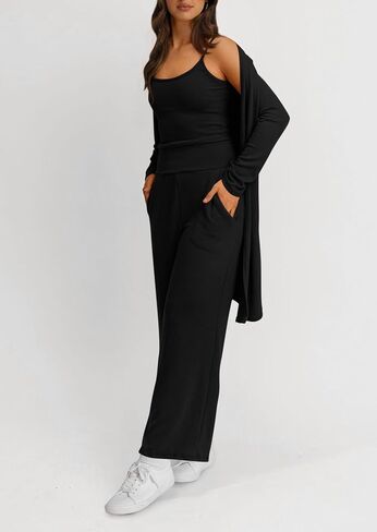 PRETTYGARDEN Women's Fall 3 Piece Pajamas Lounge Sets Ribbed Knit Long Cardigan Cropped Tank Tops Wide Leg Pants in Saudi Arabia