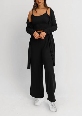 PRETTYGARDEN Women's Fall 3 Piece Pajamas Lounge Sets Ribbed Knit Long Cardigan Cropped Tank Tops Wide Leg Pants in Saudi Arabia
