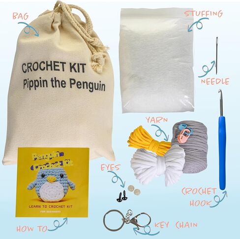 عدة الكروشيه للمبتدئين - مجموعة كاملة لصنع البطريق | الحرف اليدوية للبالغين، وهواية تخفيف التوتر للنساء، ومجموعة أدوات التطريز مع فيديو تعليمات خطوة بخطوة، وتصميم خيوط الكروشيه. in Saudi Arabia