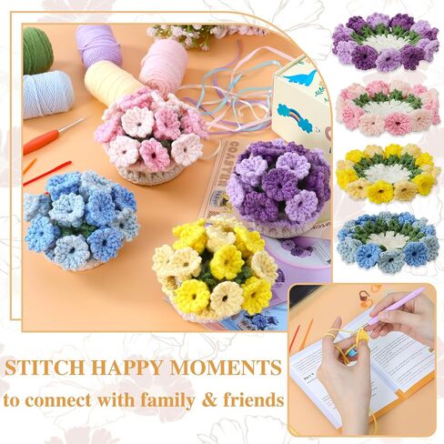 LOMOHOO Crochet Kit for Beginners, 6PCS Crochet Coasters Kit, Flower Potted Plant Crochet Kit with Crochet Hook, Colorful Yarn, Stitch Marker, Instruction, Craft Lover DIY Material Tools(Colorful) in Kuwait