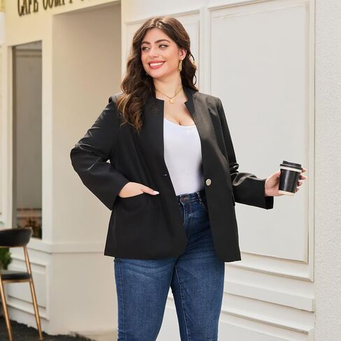 Women's Plus Size Long Sleeve Blazer - Tailored Fit Stretch Woven Twill Fabric - Stylish Oversized Blazers for Women in Kuwait