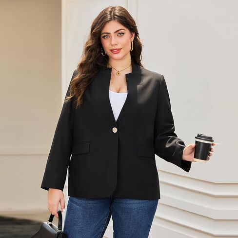 Women's Plus Size Long Sleeve Blazer - Tailored Fit Stretch Woven Twill Fabric - Stylish Oversized Blazers for Women in Kuwait