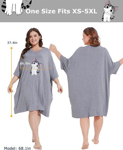 THREE POODLE Plus Size Nightgowns for Women, Oversized Sleep Shirts Dress Sleepwear with Pockets Suits XS - 5XL in Saudi Arabia