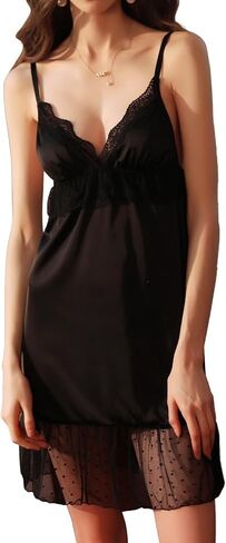 Women's Nightgown Satin Lace Sleepwear Sexy V-neck Chemises Babydoll Lingerie Full Slip Dress S-XL in Saudi Arabia