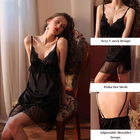 Women's Nightgown Satin Lace Sleepwear Sexy V-neck Chemises Babydoll Lingerie Full Slip Dress S-XL in Saudi Arabia