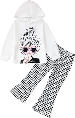 مجموعة ملابس Kucnuzki للفتيات الصغيرات بأكمام طويلة ورسوم جرافيك وسويت شيرت وبنطال ضيق واسع للفتيات الصغيرات in Kuwait