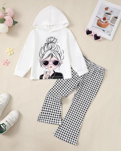 مجموعة ملابس Kucnuzki للفتيات الصغيرات بأكمام طويلة ورسوم جرافيك وسويت شيرت وبنطال ضيق واسع للفتيات الصغيرات in Kuwait