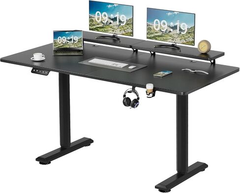 YESHOMY Electric Standing Desk with Monitor Shelf, 63 x 27 Inches Height Adjustable Corner Table, Computer Workstation with Cup Holder and Hook for Home Office, Black in Saudi Arabia