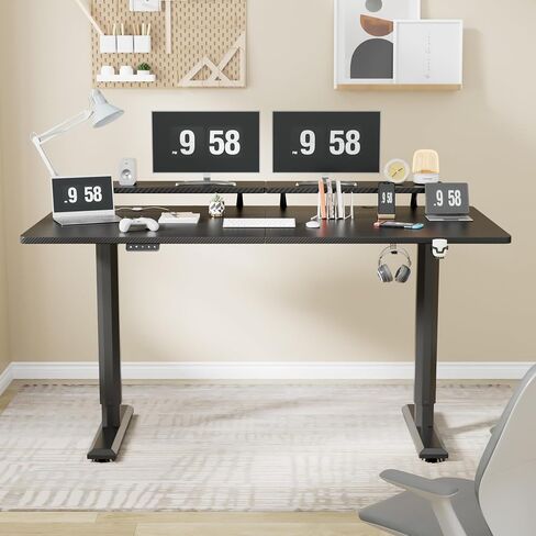 YESHOMY Electric Standing Desk with Monitor Shelf, 63 x 27 Inches Height Adjustable Corner Table, Computer Workstation with Cup Holder and Hook for Home Office, Black in Saudi Arabia