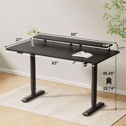 YESHOMY Electric Standing Desk with Monitor Shelf, 63 x 27 Inches Height Adjustable Corner Table, Computer Workstation with Cup Holder and Hook for Home Office, Black in Saudi Arabia