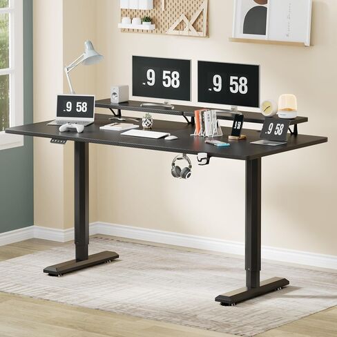 YESHOMY Electric Standing Desk with Monitor Shelf, 63 x 27 Inches Height Adjustable Corner Table, Computer Workstation with Cup Holder and Hook for Home Office, Black in Saudi Arabia