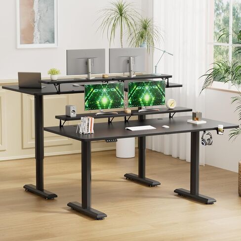 YESHOMY Electric Standing Desk with Monitor Shelf, 63 x 27 Inches Height Adjustable Corner Table, Computer Workstation with Cup Holder and Hook for Home Office, Black in Saudi Arabia