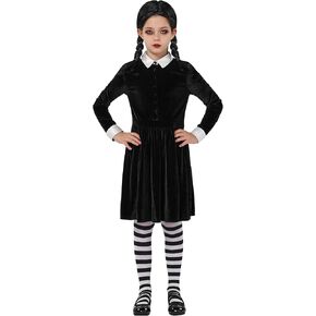 Spooktacular Creations Black Collar Dress, Long Sleeve School Girl Costume, Velvet Skater Dress for Kids Halloween Party