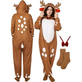 SOMSOC 3 Pieces Adult Unisex Reindeer Pajama Christmas Reindeer Onesie Animal Outfits with Bell Bow Tie Socks for Men Women