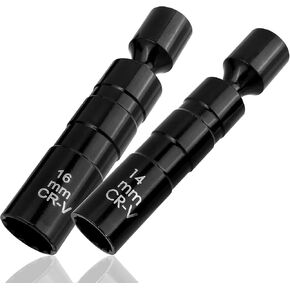 YAKAMOZ Magnetic Spark Plug Socket Set, 2Pcs Thin Wall Swivel Spark Plug Wrench 3/8 Inch Drive Spark Plug Socket Removal Tool, 12-Point, 14mm &16mm
