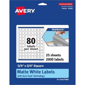 Avery TrueBlock Matte White Square Labels, 0.75" x 0.75", 800 Matte White, Sure Feed, Print-to-The-Edge, Laser/Inkjet Printable