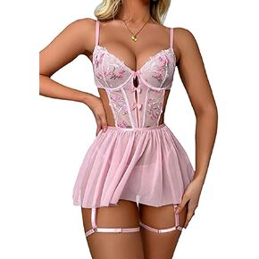Women Sexy Lingerie Mesh Babydoll Sleepwear V Neck Underwire Chemise Strap Nightgown Nightdress