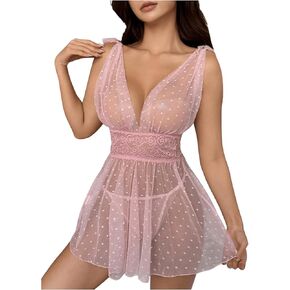 OYOANGLE Women's Mesh Sheer Sleepwear V Neck Ruffle Babydoll Chemise and Thong Nightwear
