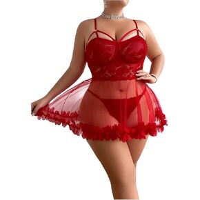 SOLY HUX Women's Plus Size Mesh Lace Underwire Babydoll Lingerie Sleepwear Chemise with Thong