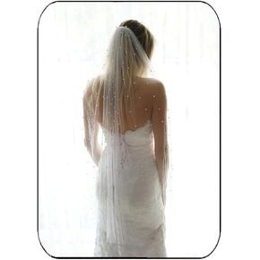 HEREAD Pearl Wedding Veil for Brides White 1 Tier Fingertip Cathedral Bridal Veils Hair Accessories with Comb and Cut Edge