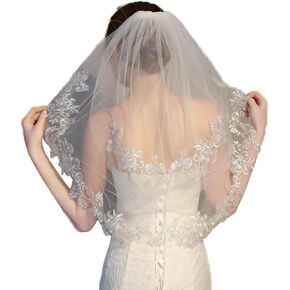 2 Tier Lace Bridal Veil,Bride Veil Floral Embroidered Wedding White Short Veils for Brides,Hair Comb Fixed