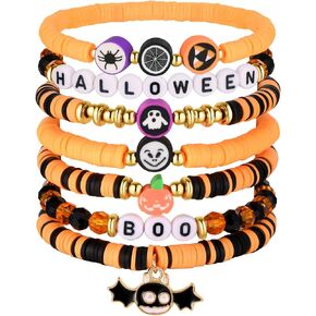 Halloween Bracelets for Women, 7 Pcs Stackable Stretch Vinyl Disc Clay Bracelets Bulk, Halloween Beaded Friendship Bracelets Halloween Party Accessories Jewelry