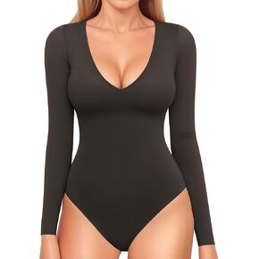 MANGOPOP Double Lined Long Sleeve Bodysuits for Women V Neck Slim Fit Sexy Body Suit Shirt Tops for Going Out