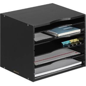 Navaris Bamboo Desk File Organizer - Paper Tray Letter Storage with 4 Adjustable Shelves - Desktop Inbox Trays - 13" Wide x 9.6" Deep x 10.2" High