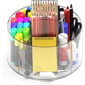 Acrylic Pen Holder for Desk, Clear Rotating Pencil Organizer, 360 Degree Crayon Storage with 5 Compartments for Kids Desk Art Supply School Office Home