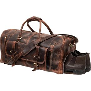 24 Inch Leather Duffel Bags for Men and Women Full Grain Leather Travel Overnight Weekend Leather Bags Sports Duffle for Men (Brown Tan with shoe pocket)