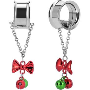 POBASITER 2PCS Double Flare Screw on Ear Gauges Dangle Christmas Jingle Bell Ear Tunnels and Plugs
