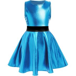 IBAKOM Girl Shiny Metallic Dress Toddler Holographic 80s Sparkly Outfits Kids Alien Halloween 90s Prom Swing Skater Dress