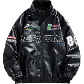 SOLY HUX Men's PU Leather Jacket Letter Graphic Zip Up Mock Neck Long Sleeve Motorcycle Jacket Coats