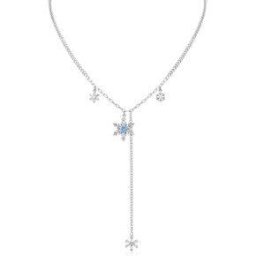 Silver Snowflake Pendant Necklace for Women Long Chain Cute Y Shaped Snowflake Necklace Elegant Dainty Cubic Zirconia Crystal Snowflake Charm Statement Necklace