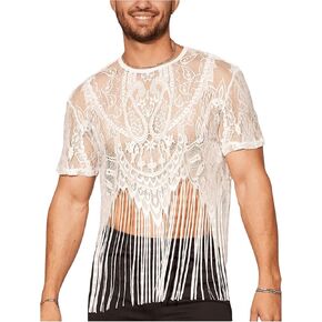 WDIRARA Men's Floral Lace Mesh Fringe Hem Shirts Scoop Neck Short Sleeve Asymmetrical Design Shirt See Through Party Outfits in Kuwait