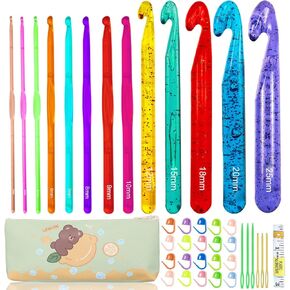 BsHooker 13 Size Crochet Hooks Set,Plastic Crystal Crochet Hook with Case,Large Crochet Hooks for Chunky Yarn Ergonomic Knitting Needles Crochet Needle for Beginners and Crocheting Yarn,3.0mm -25mm