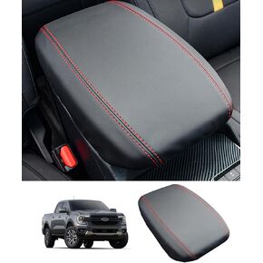 for 2024 2025 Ford Ranger Center Console Armrest Cover Truck Accessories Premium Leather Anti-Scratch Middle Console Arm Rest Lid Seat Cover Protector(Red Line)