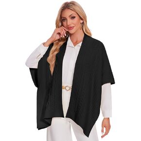 PULI Womens Cable Knit Open Front Poncho Sweater Chunky Warm Shawls Cape for Fall Winter