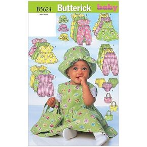 BUTTERICK PATTERNS B5624 Infants' Dress, Jumper, Romper, Jumpsuit, Panties, Hat and Bag, Size NB0 (NB-S-M)