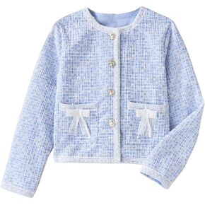 MakeMeChic Girl's Plaid Button Down Bow Front Crew Neck Long Sleeve Jacket Pocket Cute Outerwear Jackets