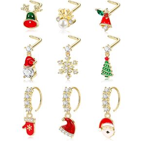 9Pcs 20G Surgical Steel Christmas Dangle Nose Rings Stud L-Shaped Christmas Elements Nose Rings Hoops Santa Bell Snowmen Nose Piercing Jewelry for Women and Men
